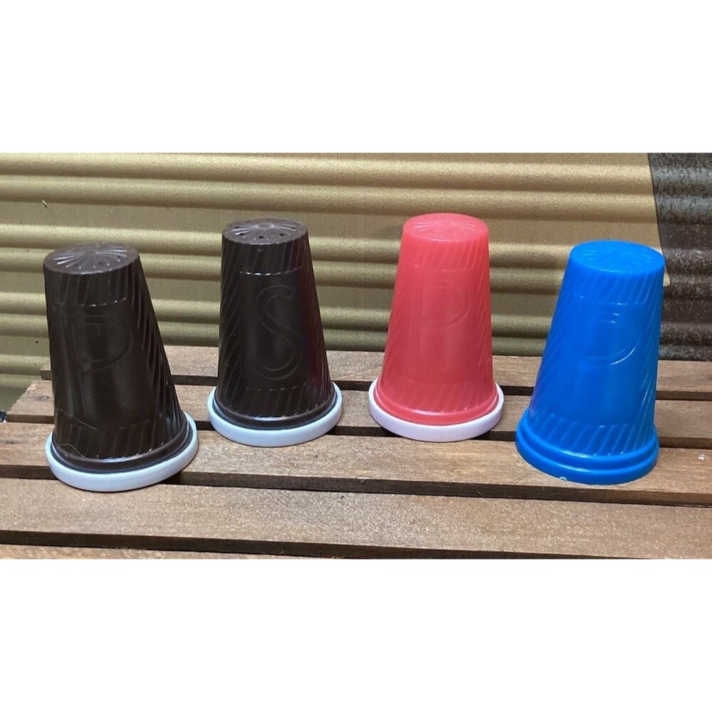 Plastic Melamine Blue, Brown, Red & White Salt and Pepper Shakers 2.5" Vintage
